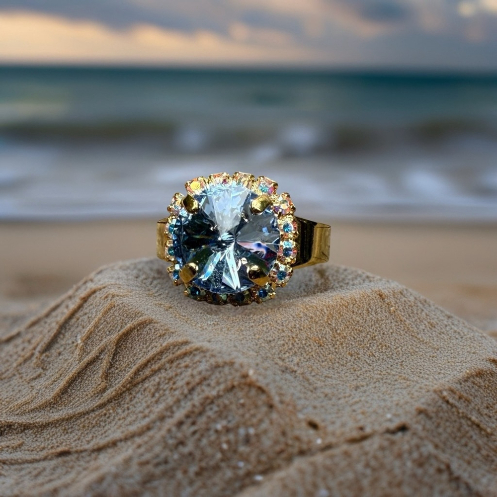 Handcrafted ring made with light sapphire Swarovski crystal size adjustable